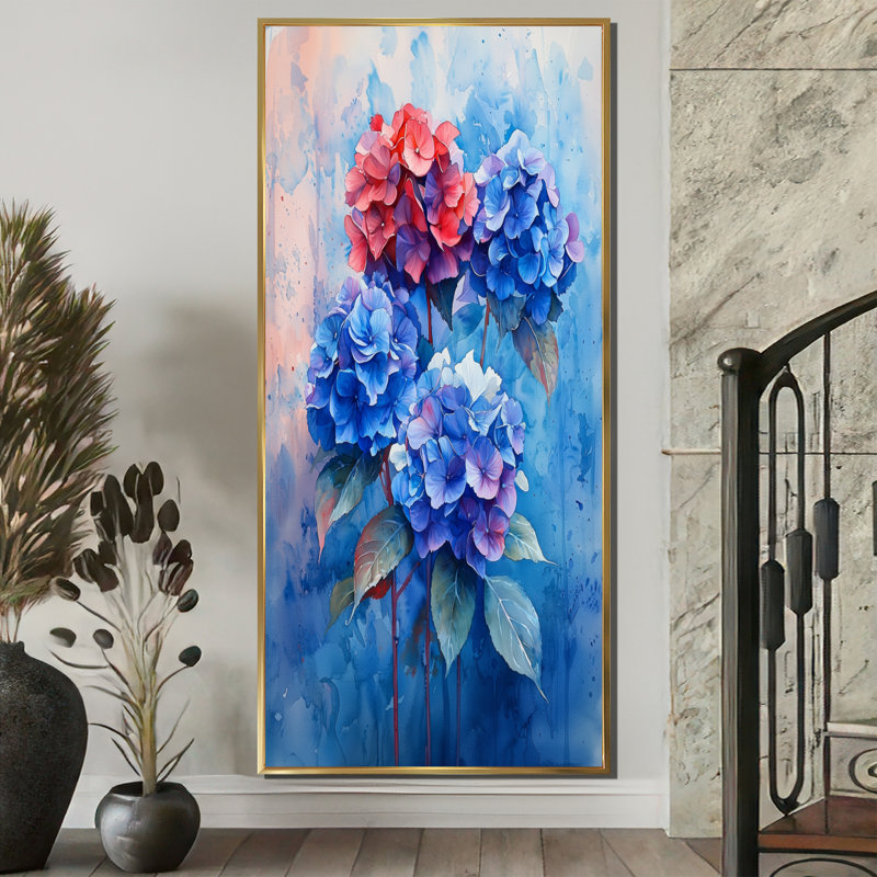Blue Red Hydrangea In Graffiti Style Hydrangea II - Hydrangea Framed Wall Art, 60" H x 28" W, Floater Framed Print, Gold