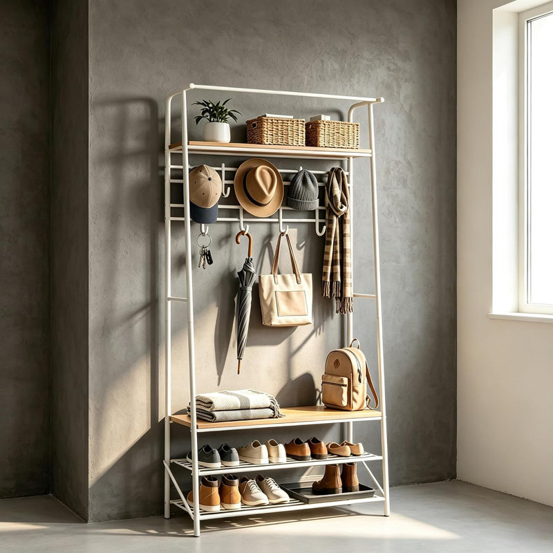 Arbre d'entrée avec banc et rangement pour chaussures, rangement pour hall d'entrée 4 en 1, White