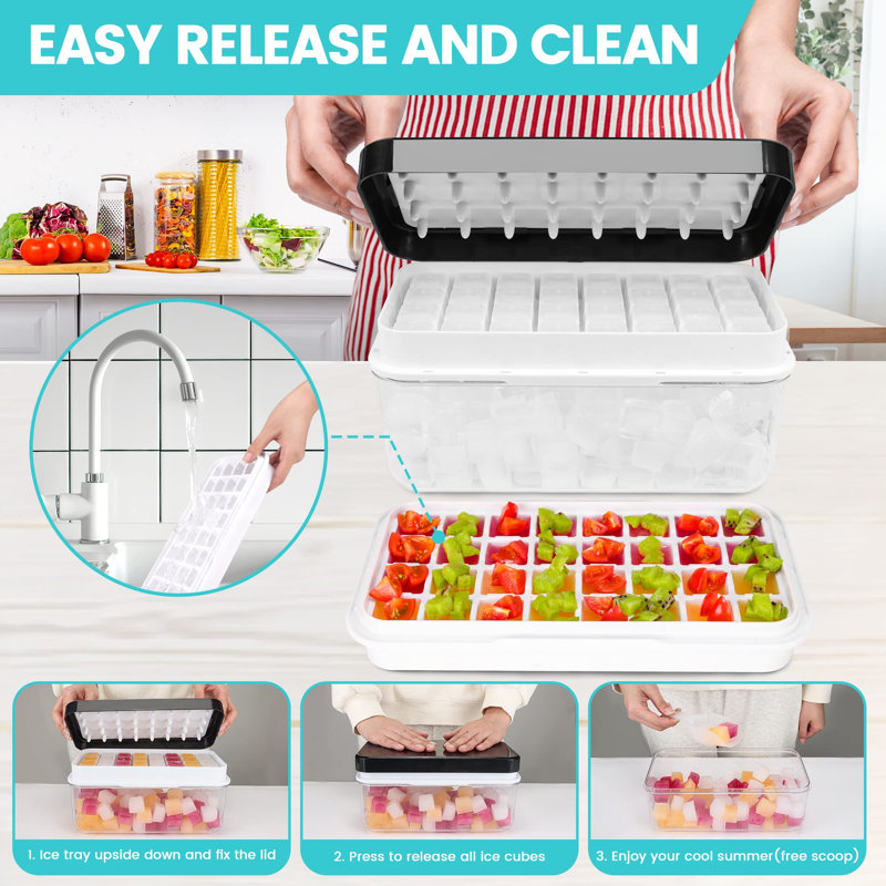 Bacs à glaçons pour congélateur avec couvercle et bac, bac à glaçons pour faire 64 cubes de glace, pression facile pour libérer la glace, bac à glaçons avec bac de rangement, bar à whisky, 2 plateaux, 1 seau à glace et cuillère (noir)