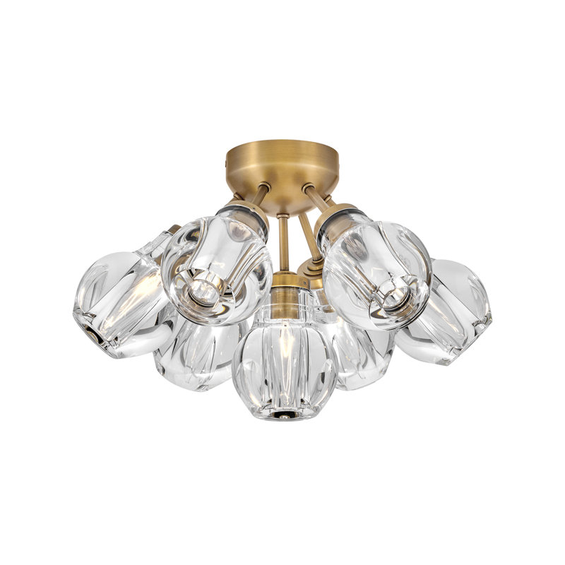 Elise Seven-Light Semi-Flush Mount Cluster Light w/ Thick-Cut Cystal Shades, Heritage Brass