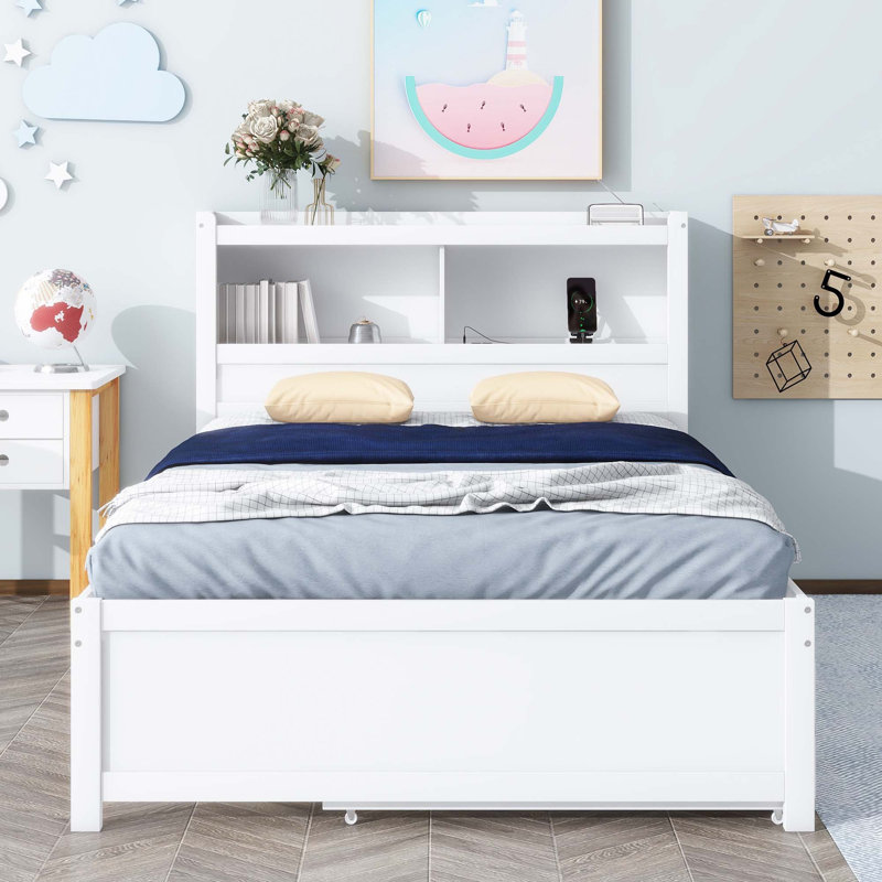 Platform Bed With Trundle, Drawers And USB Plugs, White, Full