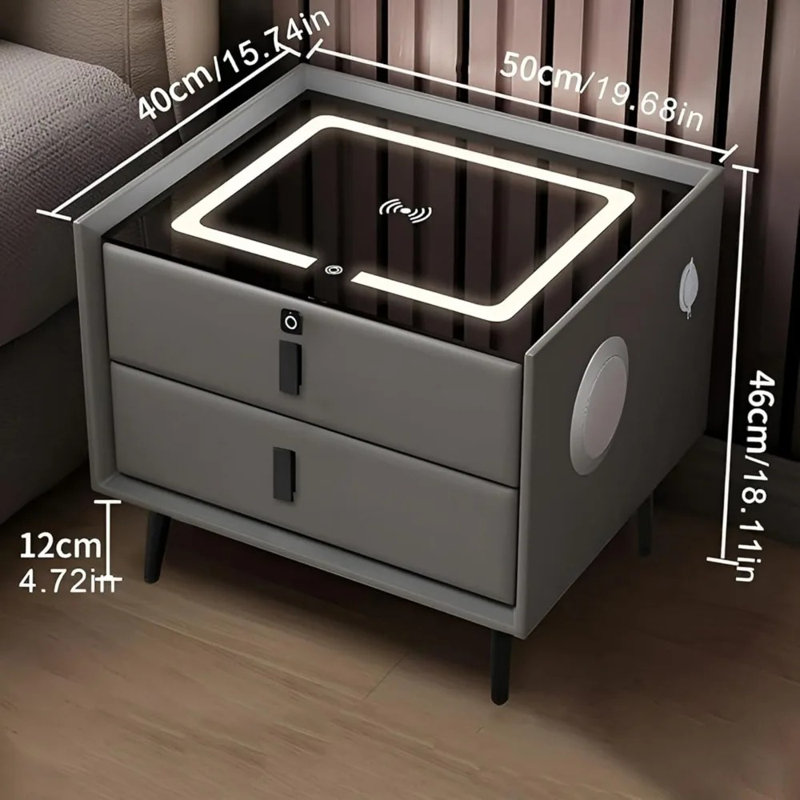 Smart Bedside Table With 3-Color Light, Wireless Charging, USB, Bluetooth Speaker & Fingerprint Lock, White