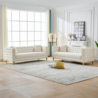 Modern Chesterfield Style Deep Seat Sofa With Button Nailhead And Square Arms, Ideal Furniture For Living Room, Bedroom, Office