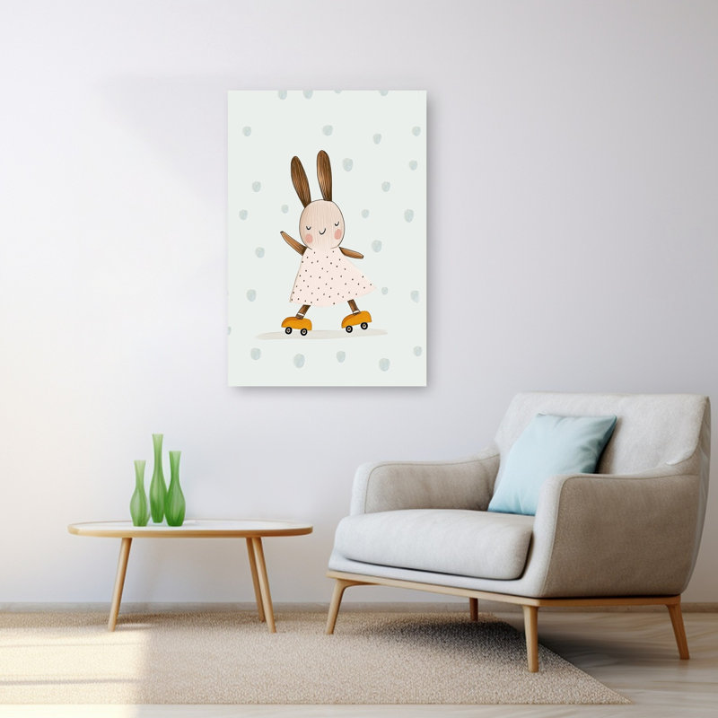 Happy Skating Bunny Playful Whimsical Contemporary Rabbit Forest Wall Art Print 1 Piece Wrapped Canvas Wall Art
