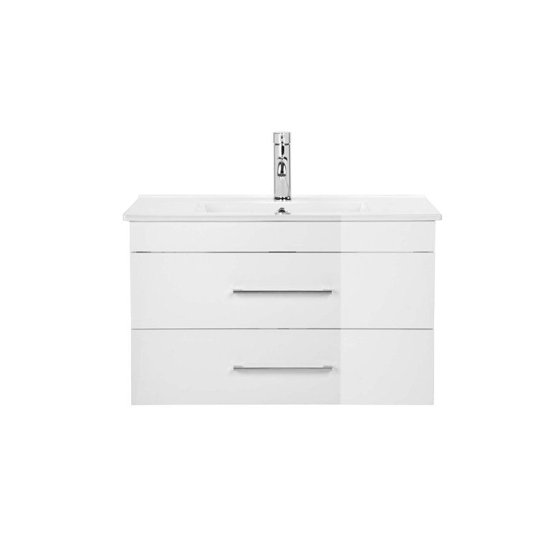 Meuble-lavabo mural avec tiroirs doubles, système de fermeture en douceur, lavabo en céramique et cadre pour un espace de salle de bain moderne et minimaliste