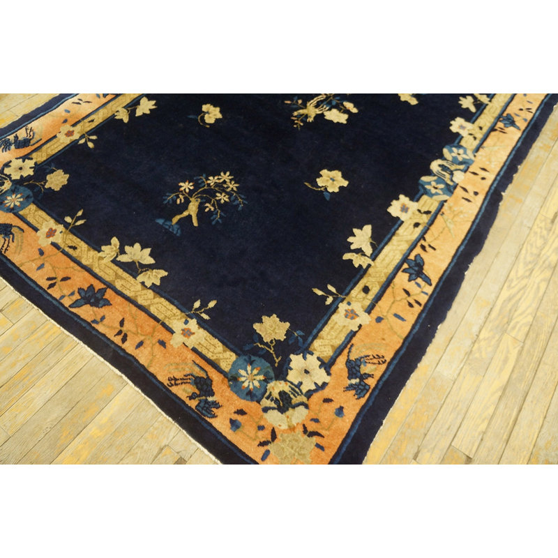1900s Wool Antique Hand Knotted Pile Blue Rectangle Rug