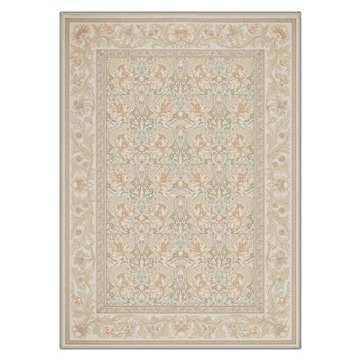 Machine Washable Oriental Beige / Ivory Area Rug With Non-Slip Backing