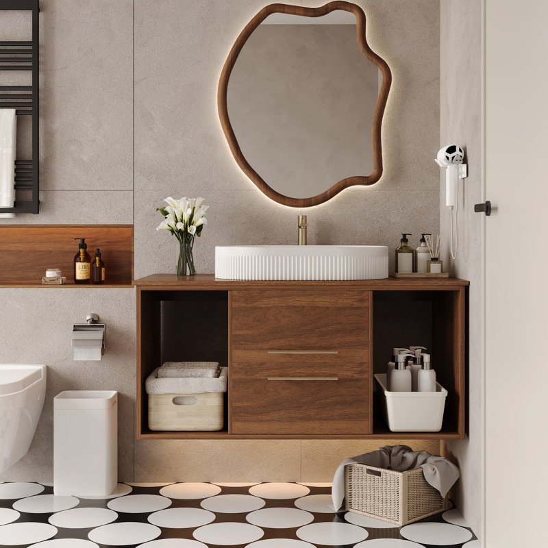 Meuble-lavabo avec lavabo ovale en céramique, 39,4 po, bois massif multi-couches, tiroirs à fermeture en douceur, tablette ouverte, pour solution de rangement de salle de bain rustique