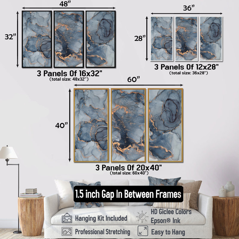 Art or noir infusé liquide III - ensemble d'art moderne sur toile encadrée moderne 3, H 40 po x l 60 po, Argent