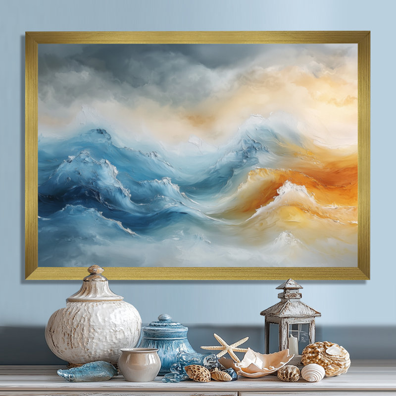 «Dream Blue Coastal Waves Turbulence II - Minimalisme», art mural sur toile, Reproduction encadrée d'une seule photo, Doré