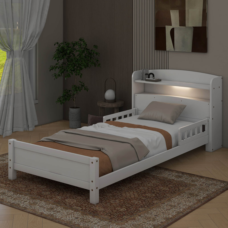 Twin Pine Wood Bed With Bookcase Headboard ,LED Light, White