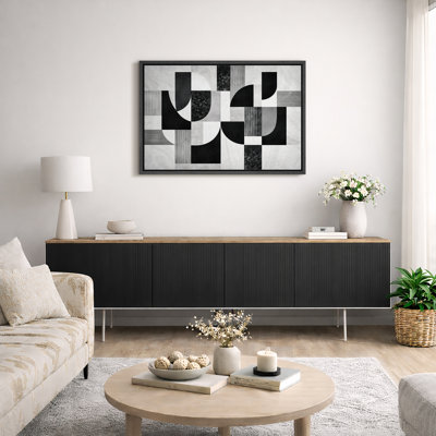 Abstract Black White Geometric Grid Pattern Artwork, Contemporary Living Room Pictures, Framed Canvas Giclee Print Wall Art