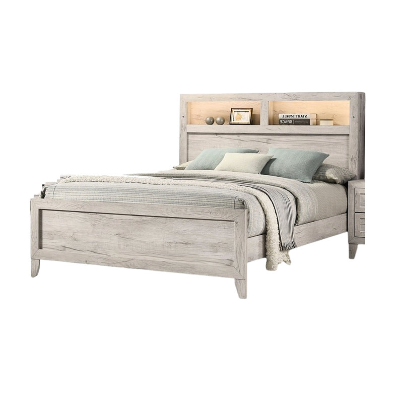 Contemporary White Wash Bed With Headboard Shelves And Built-In , Fabric Frame, Button Functional Features Full Lighting, Bedroom Furniture, Veneer, Design