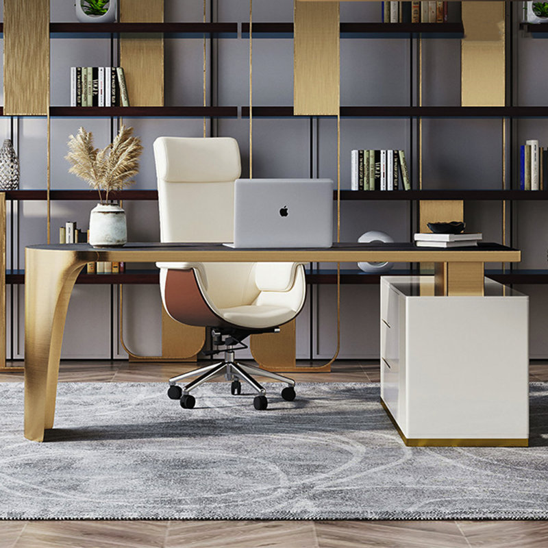 Bureau en pierre frittée doré en forme de L, H 29,53 po x l 62,99 po x P 27,56 po