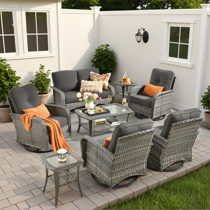 Ensemble de mobilier d'extérieur 8 pièces avec 4 chaises berçantes pivotantes, causeuse, table basse et 2 tables d'appoint, ensemble de conversation en osier avec coussins