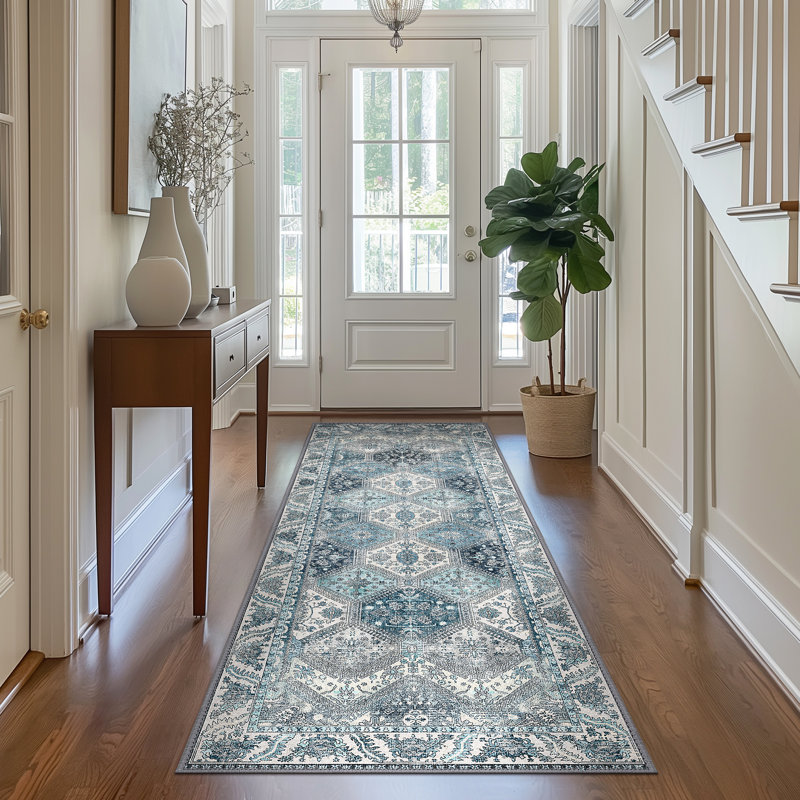 Blue /Ivory Performance Machine Washable Non-slip Area Rugs, Rectangle 2' x 10'
