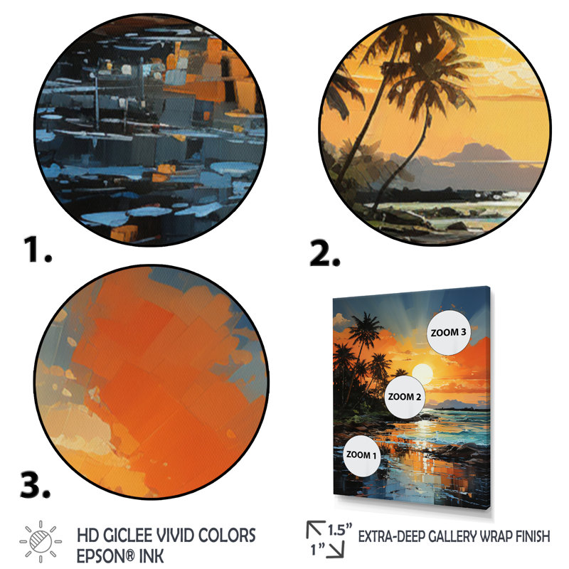 Cabriales, palmiers, lever de soleil II sur toile, H 32 po x l 24 po x P 1 po, Cadre flottant blanc