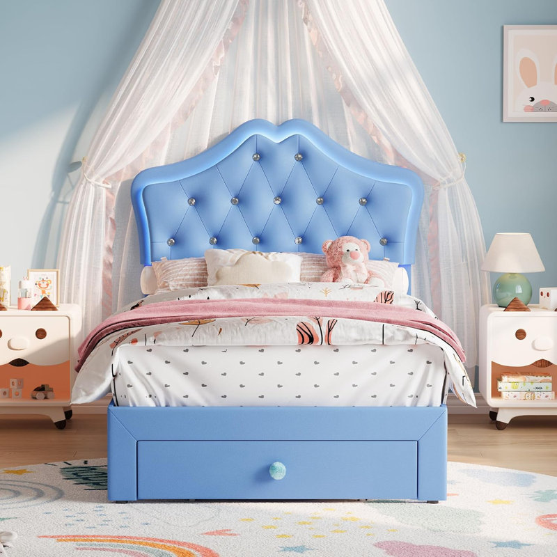 Bed Frame with LED Lights, Upholstered Platform Bed with Storage Drawer, Crystal Tufted Headboard for Kids, Teens, Noise-Free Slats & Easy Assembly