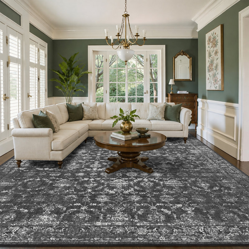 Vintage Boho Area Rug - Washable Non Slip Low Pile Rug, Black, Rectangle 10' x 12'