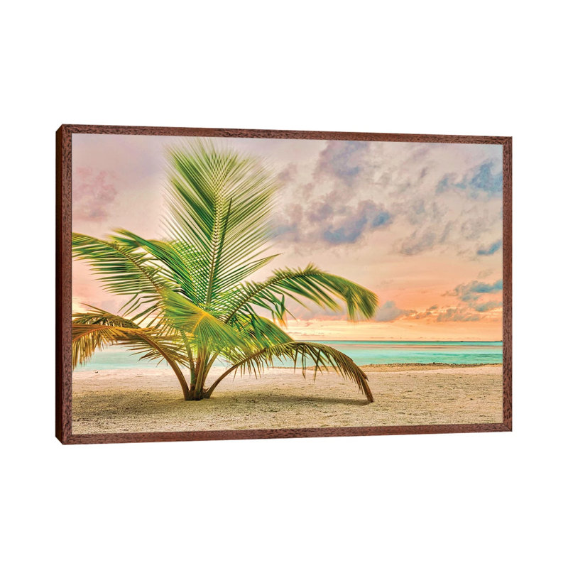 Sunset Palm 1 Piece Wall Art on Canvas, 45.72cm H x 66.04cm W x 3.81cm D, Classic Brown Wood Floater Framed