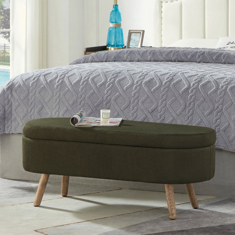 Luxury Oval Boucle Storage Ottoman Bench With Wood Legs 350Lb Weight Capacity & Safety Hinge, For Living Room, Bedroom Entryway