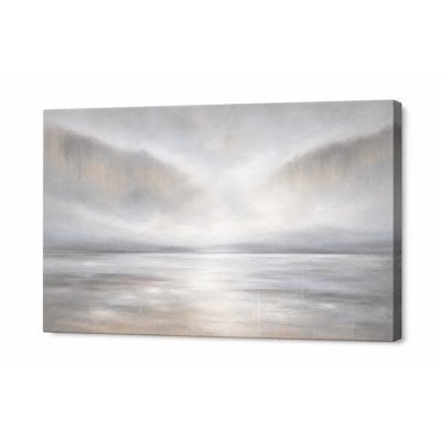 Misty Gray Lake Landscape Canvas Wall Art, Atmospheric Neutral Mountain Painting, Modern Wrapped Canvas Decor