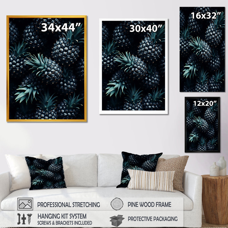 Ananas vert et noir - ananas, art mural, Cadre flottant brun, H 40 po x l 30 po x P 1,5 po