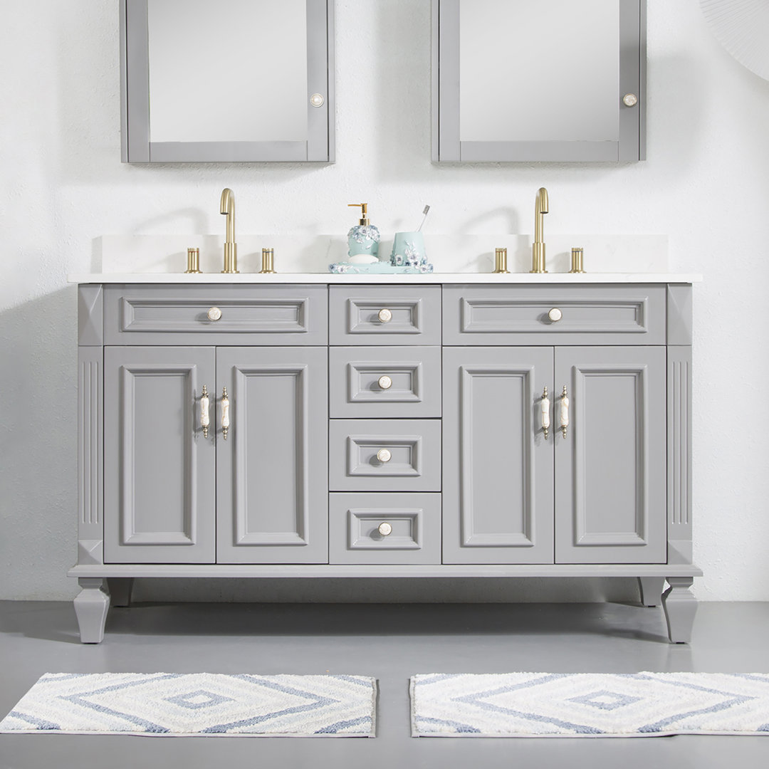 Elmmanual  35'' H X 60" W Solid Wood Bath Vanity with Stain-resistant Carrera White Quartz Top and Double Sink Rosdorf Park Base 