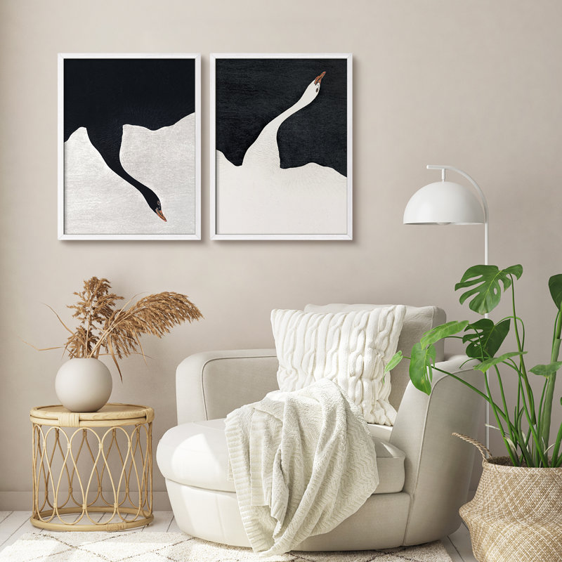Ensemble de 2 pièces d'art mural cygne noir et blanc encadrées - Imprimés animaliers minimalistes modernes pour le bureau ou le vestibule