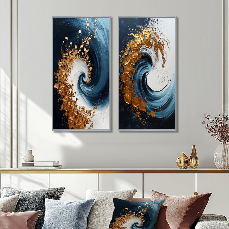 «Blue Spiraling Majesty Vortex I», ensemble de 2 pièces d'art abstrait en spirale, H 40 po x l 40 po, Encadrement argenté