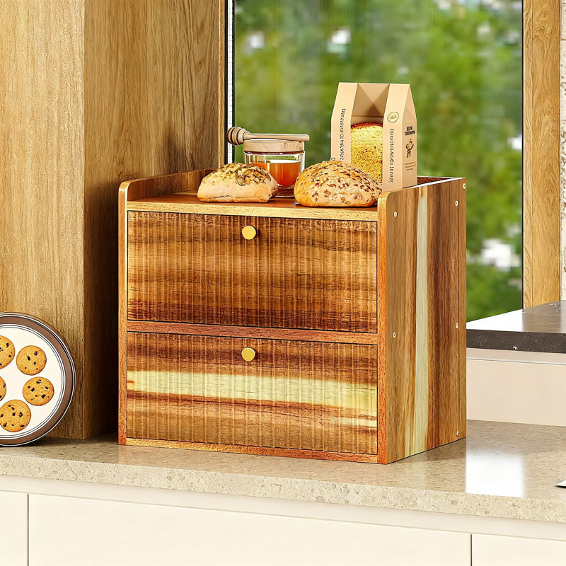Bread Box With Bamboo Accents, Bread Storage Container Bin, 2 Layers, (Acacia Wood)