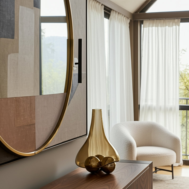 Vase en verre avec accents en métal et aluminium, conception moderne soufflée à la main avec insert sculptural amovible pour une décoration intérieure contemporaine