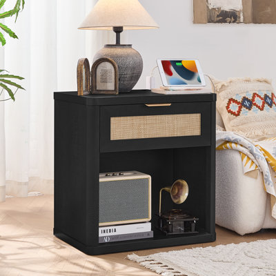 Rattan Nightstand With Charging Station, 23" Wide Boho Night Stand With Drawer,Bedside Table Open Storage Cabinet, Bed Side End Tables Dresser For Bedroom, Living Room, Hallway