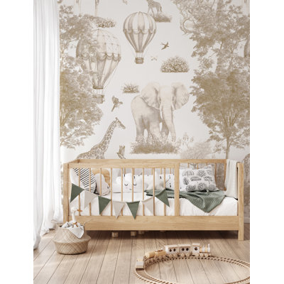 Sepia Safari Animals and Hot Air Balloon Nursery Wallpaper Pattern
