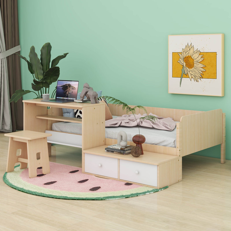 Ensemble de lit plateforme simple avec 2 tiroirs et 1 chaise et bureau Nehemiah, Naturel
