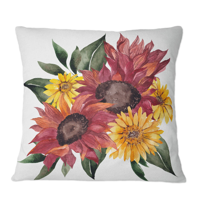 Bouquet d'automne avec fleurs rouges et jaunes II - coussin décoratif traditionnel, 16 po x 16 po