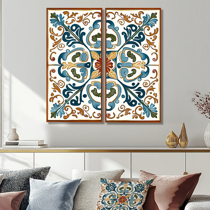 «Méditerranée Tiles In Retro Blue VI», art mural moderne sur toile, 40" H x 40" W, Brown, Framed Print without Mat