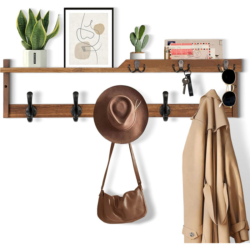 Wall Mounted Coat Rack With Shelf, Key Hooks And Mail Holder - Multi-Functional Entryway Organizer, Floating Shelf With Storage For Hats, Coats And Keys - Durable Solid Wood Construction
