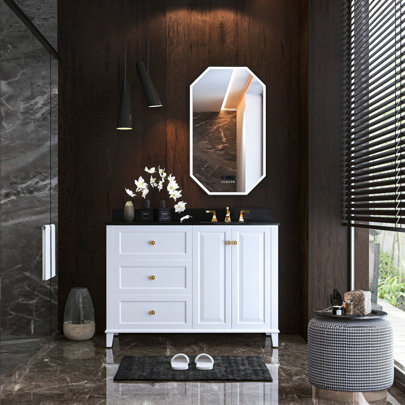 Hannah 48'' W Vanity, Black, White/Brushed Gold, Right