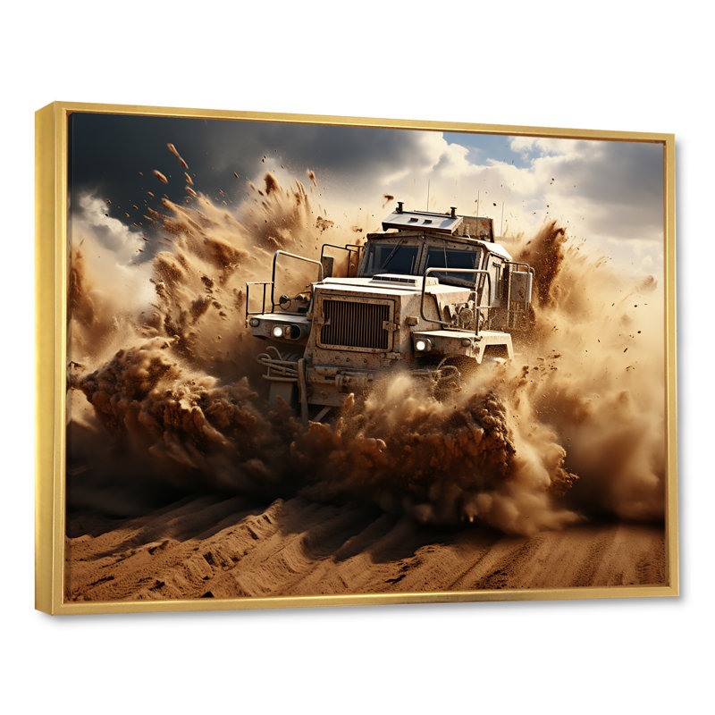 Camion militaire, guerre mécanisée sur toile, H 16 po x l 32 po x P 1 po, Cadre flottant doré
