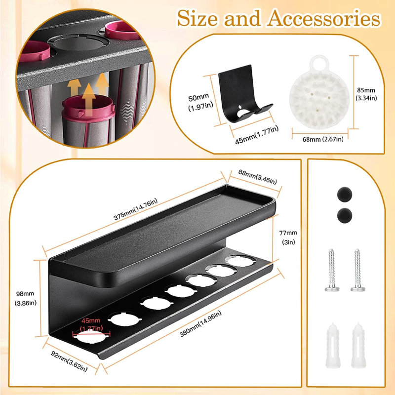 Support de rangement Airwrap compatible avec le fer à friser Dyson Airwrap, support mural pour organisation de la maison (avec peigne), noir