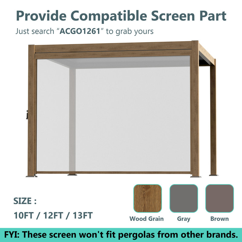 Aluminum Frame Solar LED Patio Pergola with Adjustable Louvered Roof, Wood Color, 10 X 13'