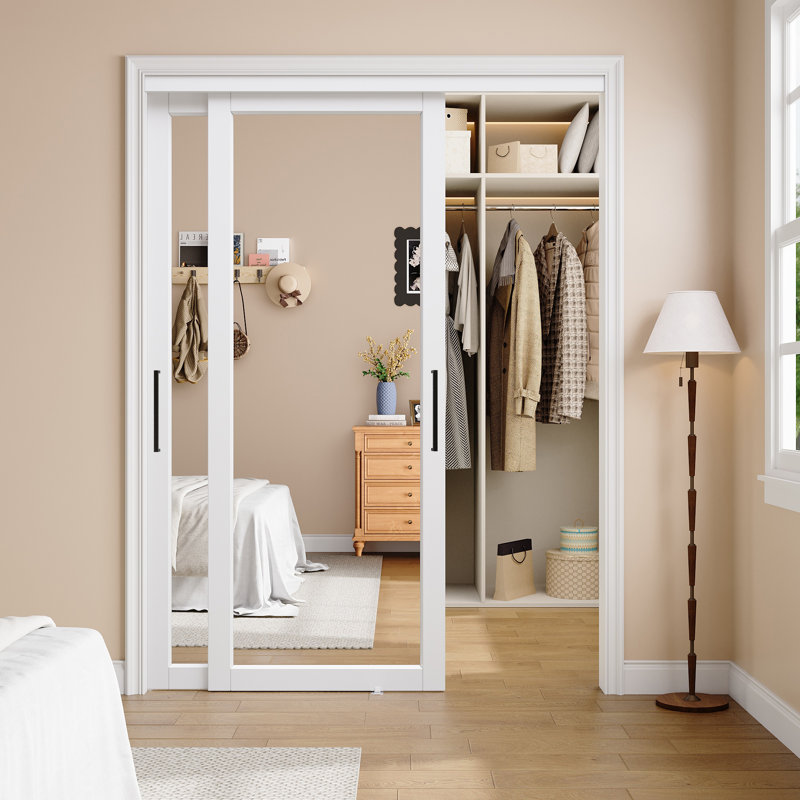 60"x 80" White 1-Panel Mirror Sliding Door with Hardware Kit And King Size Handles for Closet and No Assembly Required For Closet,Pantry,Living room