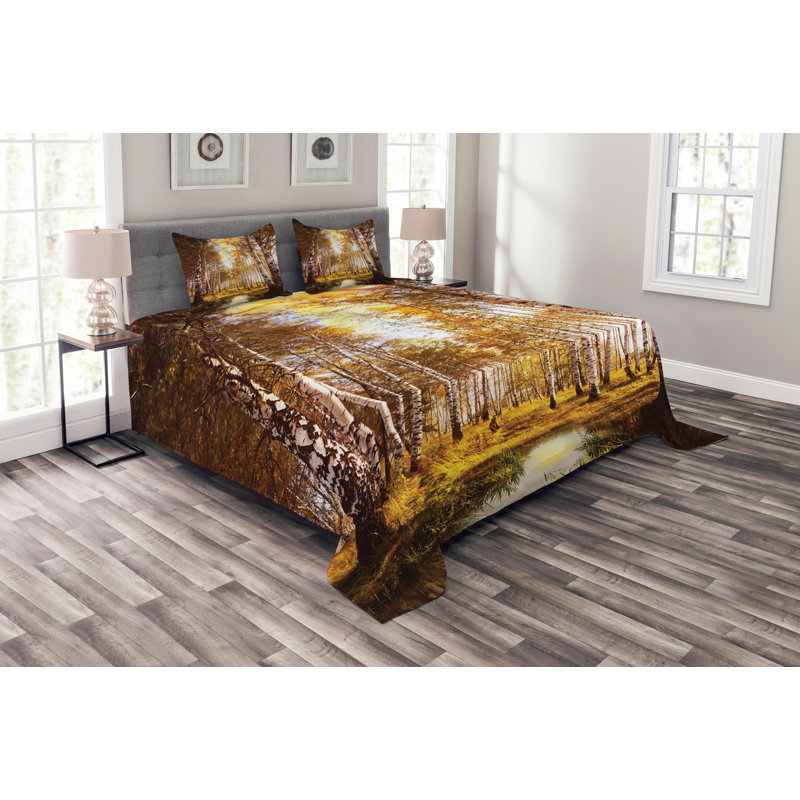 Autumn Season Forest in Sun Rays Near the River in Morning Idyllic View Print Bedspread Set, 220 x 264 cm