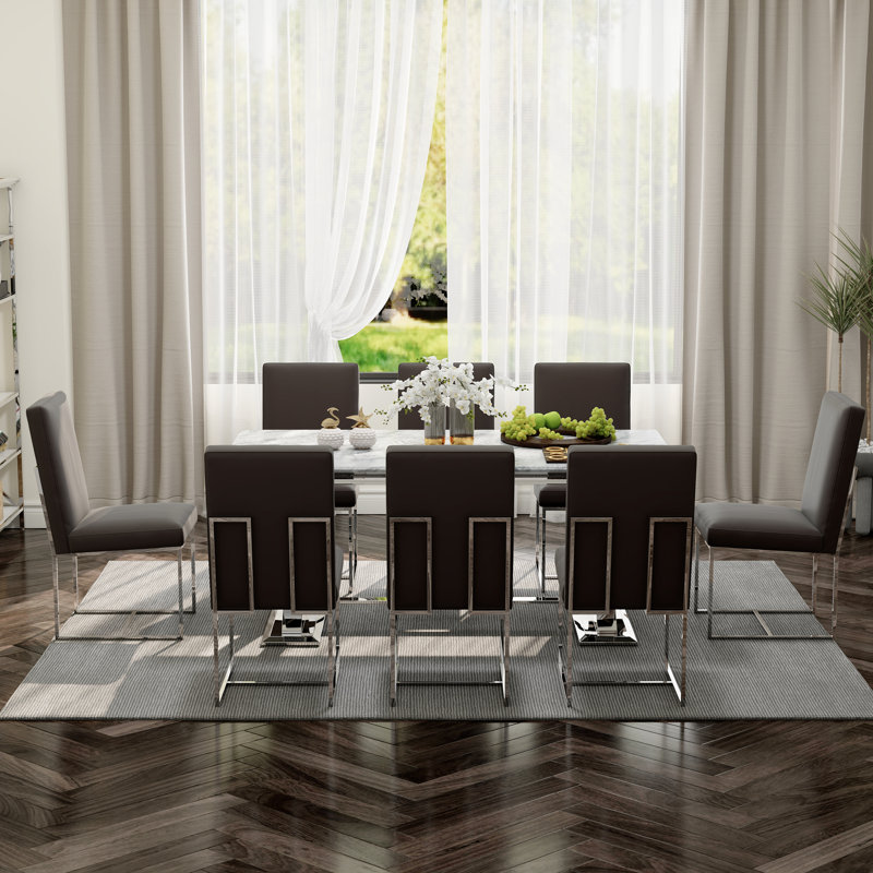 Luxury Grey Leather Dining Chairs Set Of 4 With Mirrored Silver Metal Legs