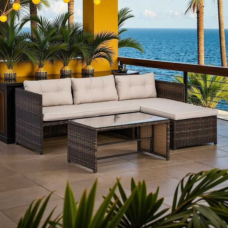 Ensemble de canapé d'extérieur en rotin avec table basse, Beige