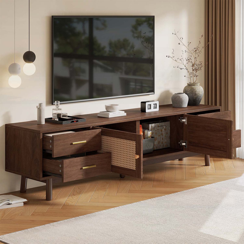 Console multimédia avec espace de rangement, 4 tiroirs et trous de câbles pour le salon