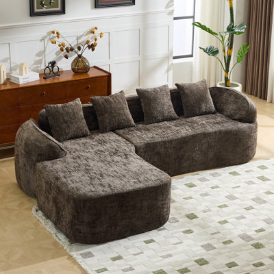 Brown Chenille L-Shaped Compressed Sofa With High-Elastic Sponge, Curved Armrests, And Four Throw Pillows For Comfort And Style