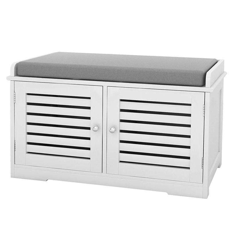 Shoe Storage Bench With Padded Seat Cushion, Entryway Bench With 2 Barn Doors-White, White, Light Gray