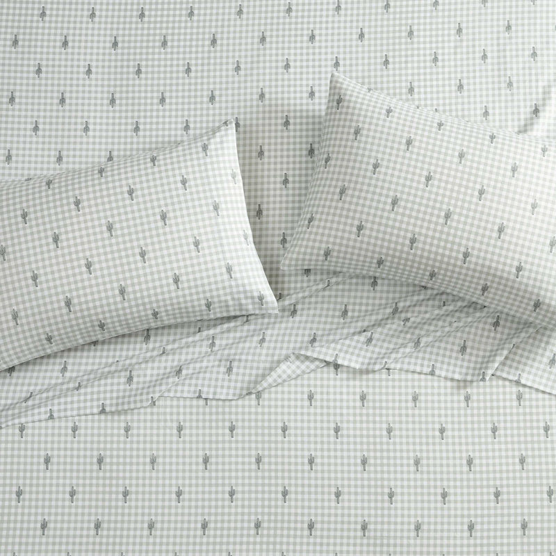 Wrangler Printed Cozy Novelty Sheet Sets, Queen Sheet Set with 2 Pillowcases, Green Plaid Cactus